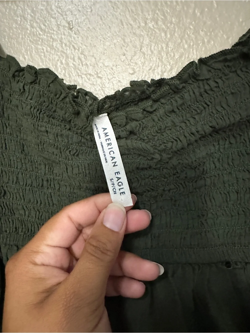 American Eagle Outfitters Olive Green Smocked Eyelet Peasant Top